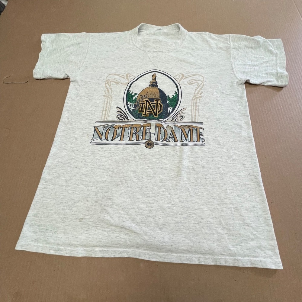 Vintage 1990s Notre Dame Golden Dome Graphic Tee L Heather Grey Mixed Media Tee
